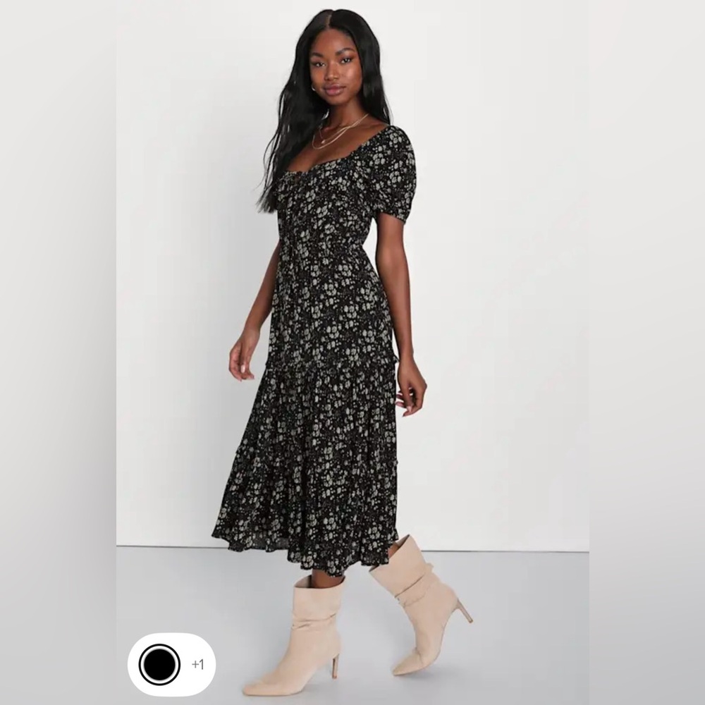 Lulus Black Floral Print Ruffled Midi Dress - Size XL - Picture 4 of 8